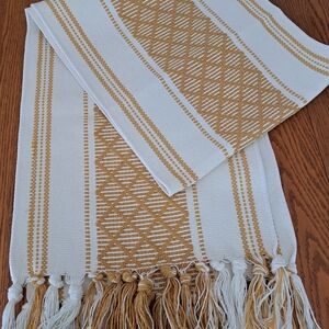 Handwoven White and Mustard Table Runner with Fringe